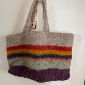 Handmade Colorful striped  Felted wool tote bag with beaded handle